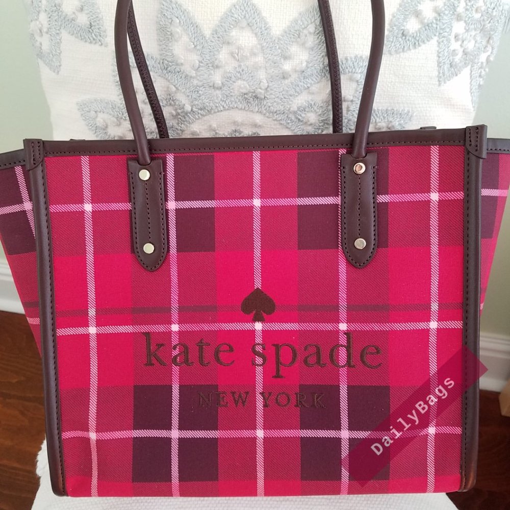 ROSE RED KATE SPADE ELLA PLAID CHECKERED TOTE SHOULDER HAND-BAG CANVAS LINING